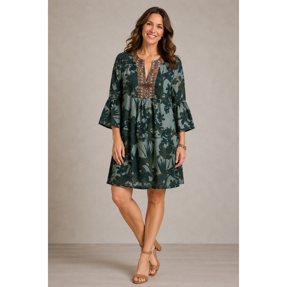 Johnny Was Green Floral Ramie Linen Embroidered Tunic Dress Boho READ Womens XS